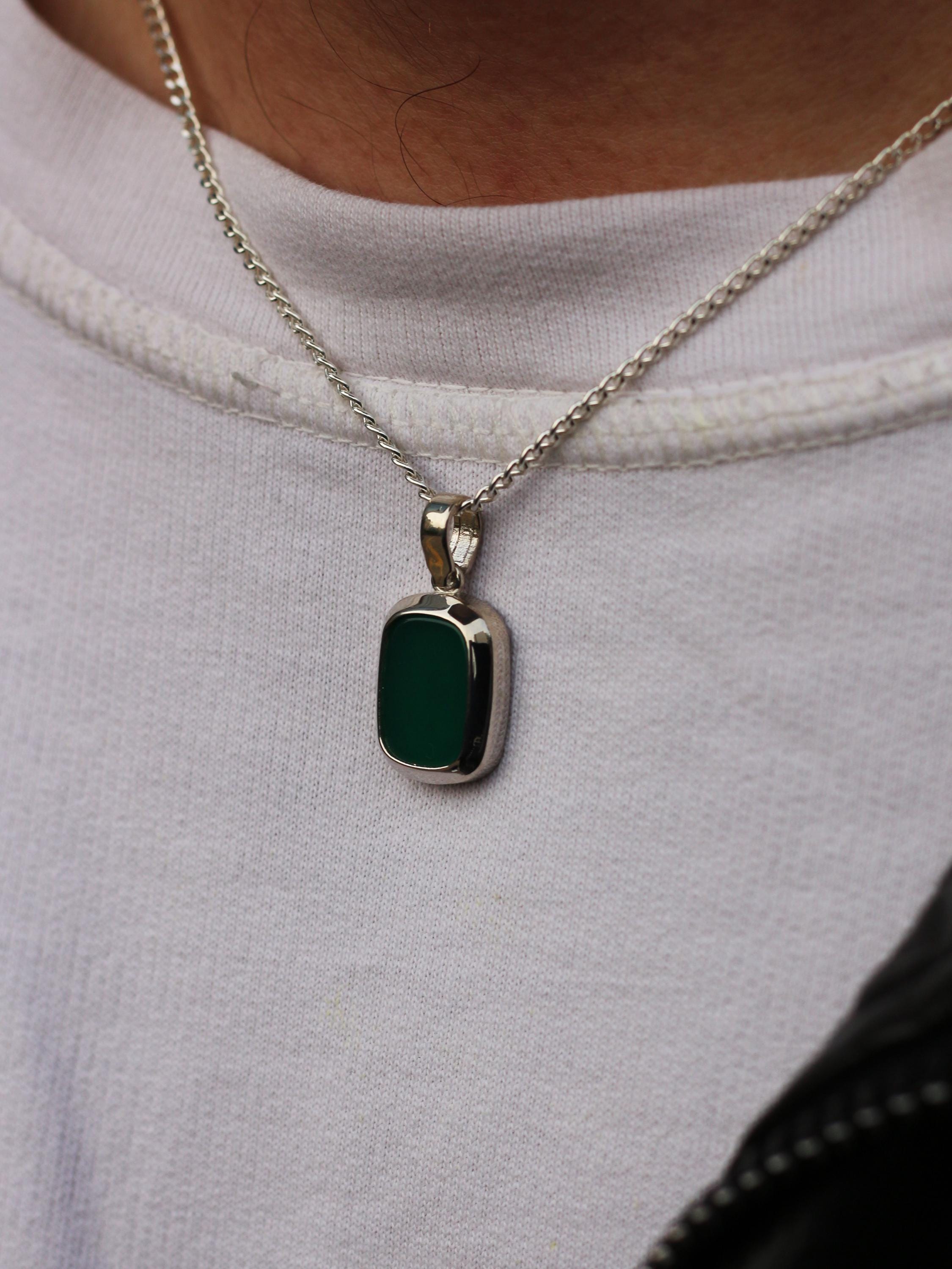 e グリーンアゲートペンダント.ネックレス クッショングリーンアゲートペンダントネックレス、シルバー