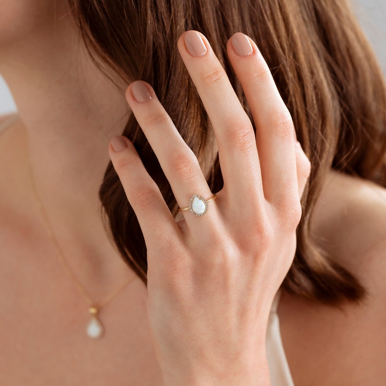 Teardrop Genuine Opal Ring in Solid Gold, 10K 14K 18K Gold Opal Engagement Ring, Opal Wedding Ring