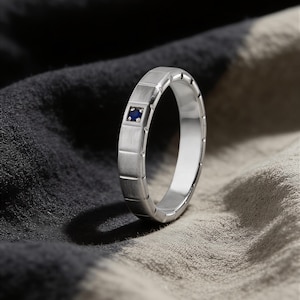Sapphire Mens Ring, Sterling Silver Band, Unique Husband Jewelry