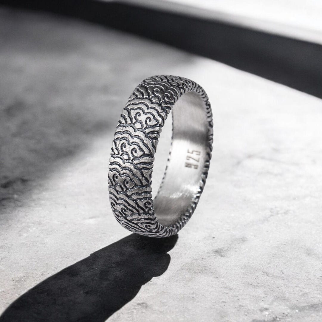 Japanese Cloud Engraved Band Ring in Oxidized Silver, Vintage Promise ...