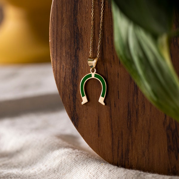 Gold Horseshoe Pendant Necklace in 14K, Good Luck Necklace For Mama, Equestrian Necklace, Gold Horseshoe Charm, Gold Colorful Necklace