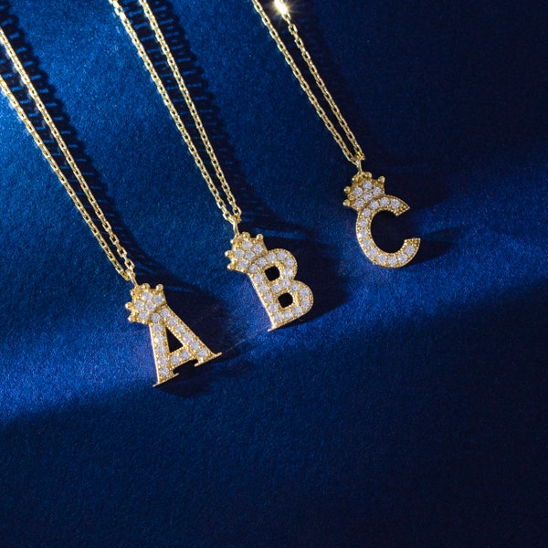 Custom Gold Letter Necklace with Crown, 10K or 14K Gold Initial Letter D Pendant Necklace with Cubic Zirconia, Personalized Necklace For Her