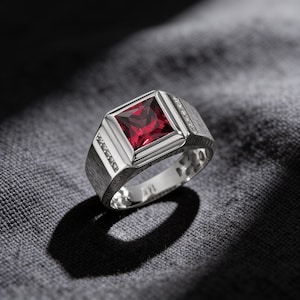 Vierkante robijnrode herenring - minimalistische sterlingzilveren sieraden, rode steen - cadeau voor vriend
