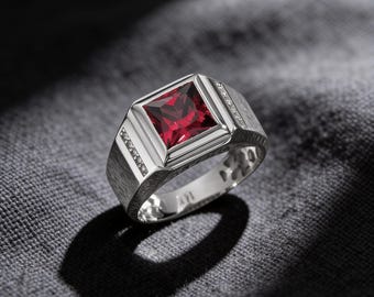 Anello da uomo quadrato con rubino - Gioiello minimalista in argento sterling, pietra rossa - Regalo per il fidanzato