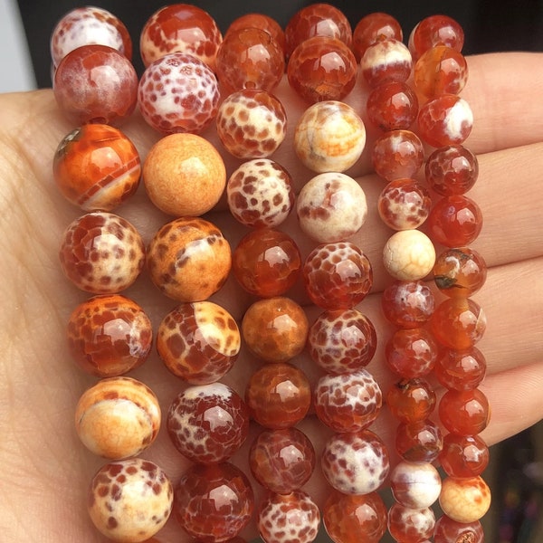 Fire Agate Beads|Burnt Orange Fire Agate|Smooth Round Beads 6mm 8mm 15’’ strand|AAA Round Natural Fire Agate|Agate Natural Orange Fire Beads