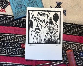 Original Linoldruck-Postkarte „Happy Birthday“