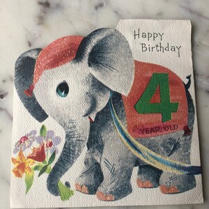 Vintage Geburtstagskarte mit Zirkustieren für Vierjährige - 4 Jahre Geburtstag - 4 Jahre alt - Geburtstagskarte Unbenutzt