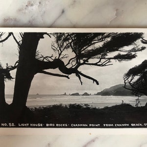 Postal vintage de Cannon Beach en blanco y negro -No.52 Light House Bird Rocks Chapman Point - Fotografía de Cannon Beach