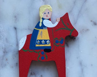 Vintage Hand Painted Wooden Sweden Souvenir Fridge Magnet - Red Horse and Swedish Girl Refrigerator Magnet