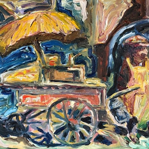 Vintage Original Oil Painting of New York City Hot Dog Cart Vendor  - 14x18 Oil on Canvas - NYC Art - Vintage Oil Painting -Hot Dog Art