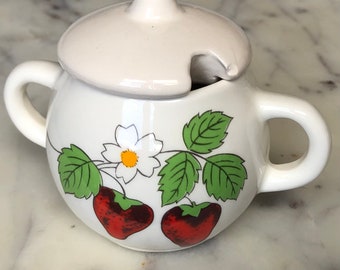 Vintage Ceramic Strawberry Sugar Jar -Strawberry Kitchen Decor