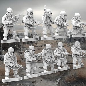 May include: A collection of miniature figurines depicting soldiers in gas masks and helmets, armed with rifles. The figures are standing on rectangular bases, suggesting a tabletop game or model kit. The overall color scheme is grayscale, with a post-apocalyptic or military theme.
