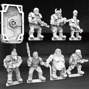 May include: A set of 8 unpainted miniature figures, including a human, a bird-like creature, a large, fleshy creature, and several other figures. The figures are all in a fighting stance, and some are holding weapons. The figures are all made of a white plastic material. The figures are part of a set called "Danger! Mutants".