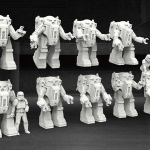 May include: A set of eight white plastic toy robots, some with articulated arms and legs. One robot has a smaller white plastic toy robot sitting on top of it.