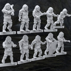 May include: Set of ten unpainted miniature figurines of cavemen, each with a different pose and holding various tools. The figurines are made of a white plastic material and are ready to be painted.