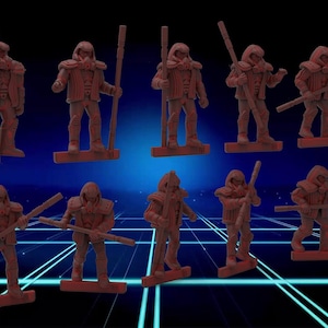Peut inclure: Dix figurines miniatures de guerriers en plastique rouge tenant des armes. Les figurines sont posées dans différentes positions et se tiennent sur un fond de grille bleu et noir.