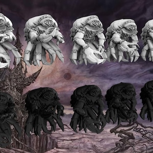 May include: A collection of miniature figurines depicting crab-like creatures. The top row features detailed, light-colored figures with claws and multiple legs. The bottom row shows similar figures in solid black. The background has a fantasy landscape.