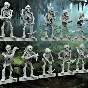 May include: A set of eight gray plastic skeleton figures holding various weapons, including swords, axes, and guns. The figures are posed in a variety of action stances and are set against a green and brown jungle background.
