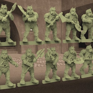 May include: Ten unpainted plastic miniatures of a humanoid creature with a snout and horns, holding weapons. The miniatures are on a white base.