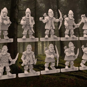 May include: Ten gray plastic miniature figures of archers, each holding a bow and arrow. The figures are standing on a white base and are arranged in a row.