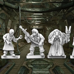 May include: A collection of five unpainted miniature figurines, likely for tabletop gaming. The figures depict various science fiction characters, including robed figures, soldiers with weapons, and creatures with unique designs. The figures are on individual bases.