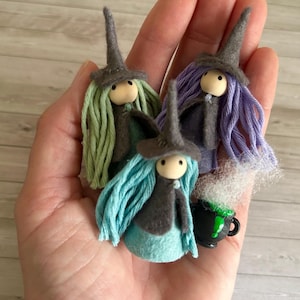 3 Tiny Witches - 6cm - with Cauldron, set of wool felt figures, cute Halloween ornaments
