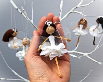 White Rose Flower Fairy Doll, small poseable hanging decoration, 9cm