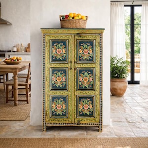 Kaia – Meuble en bois recyclé peint à la main en bleu, orné d'un motif floral, 150 cm