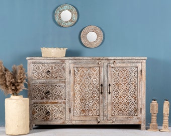 Kommode Sarahan, Mango Holz, Sideboard, indische Kommode, handgefertigt, handgeschnitzt, maritimer Stil, Ibiza Stil, Boho, Vintage,