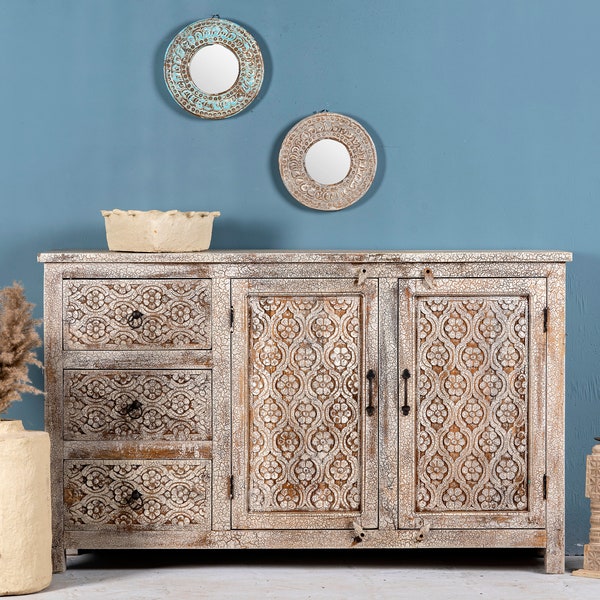 Chest of drawers Sarahan, mango wood, sideboard, Indian chest of drawers, handmade, hand carved, maritime style, Ibiza style, boho, vintage,