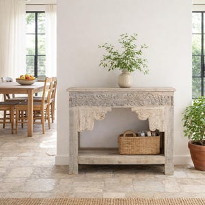 Adrit - Tavolo consolle intagliato a mano - Legno di recupero da vecchie case indiane, tavolo da ingresso rustico, mobili da corridoio in stile vintage