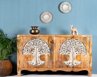 Credenza, cassettiera, mobile in legno, legno di mango, fatto a mano, intagliato a mano, cassettiera indiana, vintage, boho, ibiza, stile ibiza, legno naturale