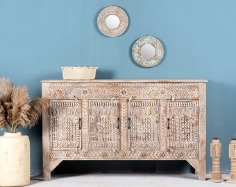 Kommode Sialkot, Mango Holz, indische Kommode, Sideboard, handgefertigt, handgeschnitzt, Boho, vintage, Ibiza Stil