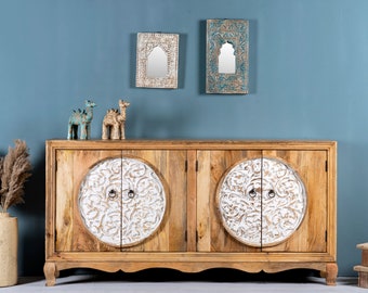 sideboard, Mango Holz, Kommode, Holzschrank, handgeschnitzt, handgefertigt, Indische Möbel, Ibiza, Ibiza stil, Boho, Vintage, naturfarben