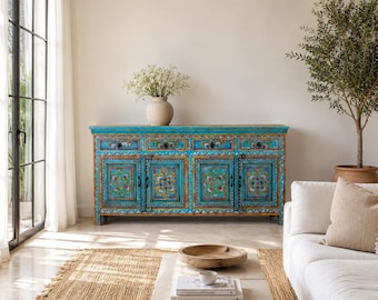 Laksh - Aparador de madera reciclada pintado a mano de 180 cm