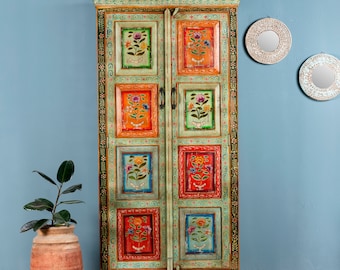 Wandschrank handbemalt Sangrur, handgearbeitet, recyceltes Holz, indischer Schrank