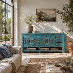 Könnte beinhalten: Ein langes, rechteckiges türkisfarbenes Sideboard mit vier Schranktüren mit geschnitzten Sonnenstrahlenmustern und drei übereinanderliegenden Schubladen auf der rechten Seite. Das Möbelstück hat ein abgenutztes Finish und ein offenes unteres Regal.