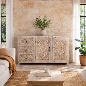 Sarahan - Credenza in legno di mango intagliata a mano, finitura anticata, 150 cm