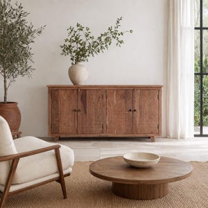 Aadrik - Dressoir van acaciahout - Handgesneden zonnestraalmotief, massief houten opbergkast, boho consoletafel, buffetkast met natuurlijke afwerking