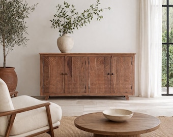 Buffet Aadrik en bois d'acacia, sculpté à la main en forme de soleil, meuble de rangement en bois massif, console bohème, finition naturelle.