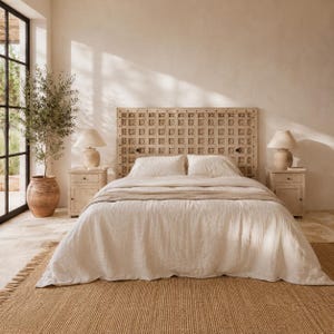 May include: A bedroom set featuring a large, square-patterned light wood headboard, a white bedspread, and two matching light wood nightstands topped with cream-colored lamps. A tall potted olive tree sits in a large terracotta pot to the left.