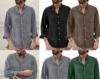 Men's Cotton Linen Henley Shirt Short Sleeve V Neck Button Up Hippie Casual Beach T Shirts Solid Summer Business Shirts with Chest Pocket