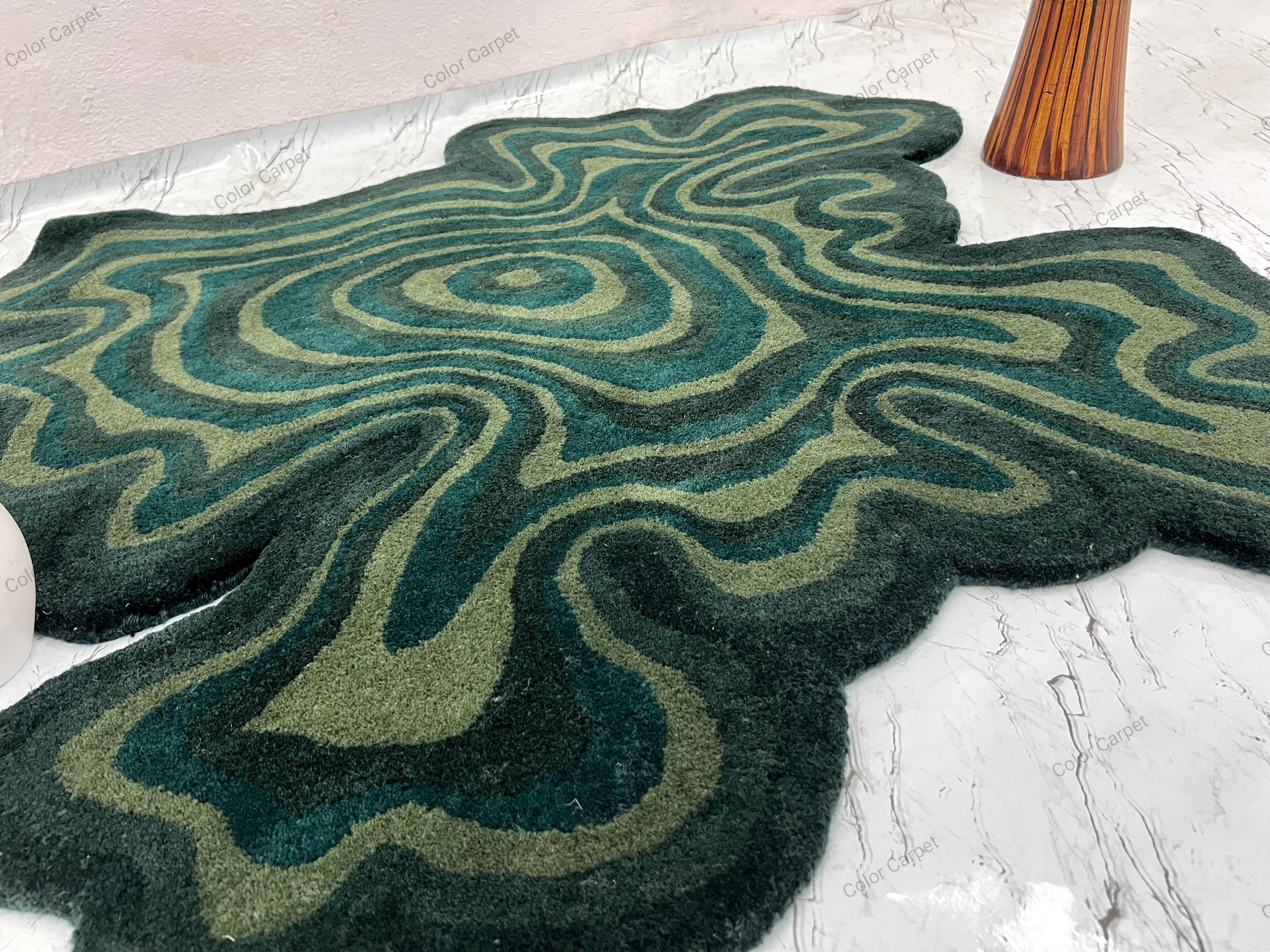 Shades of Green Flow Irregular Tufted Rug Modern Art Abstract Rug Living Room 8x10, 9x12 Large Green Concentric Layer Tufted Rugs Bedroom.