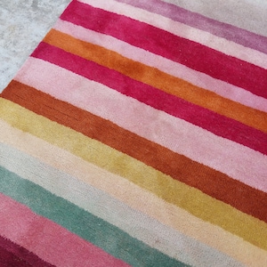 Vibrant Multi-Color Striped Hand-Tufted Wool Rug, Bold Colorful Stripes for Modern Home Decor, Soft Durable Floor Rug, Brightens Any Room.