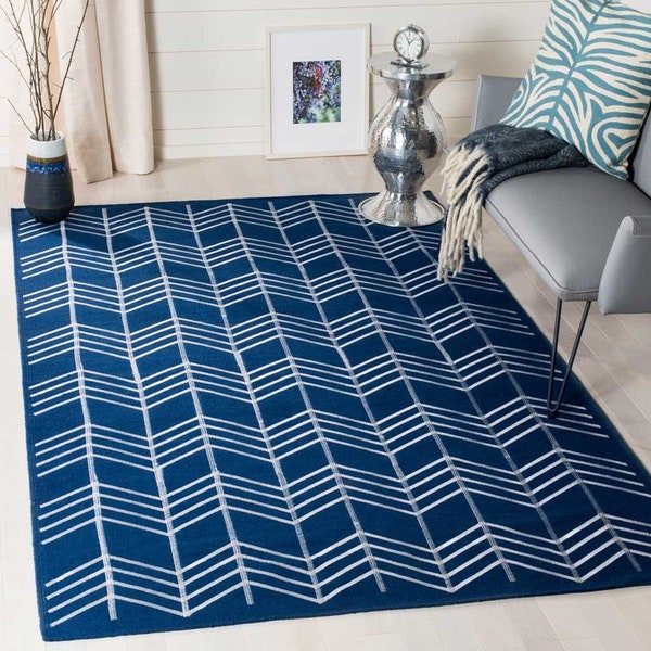 8x10 Bedroom Abstract Design Unique  Rugs Blue  with White  Color Soft 100% woolen Comfortable  Rugs.