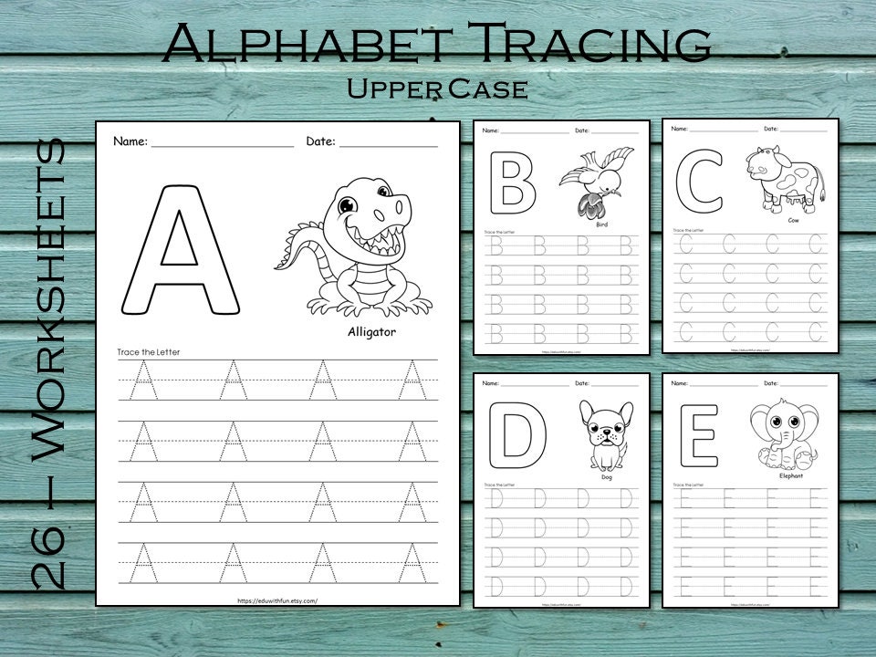 26 printable alphabet tracing worksheets abc uppercase etsy