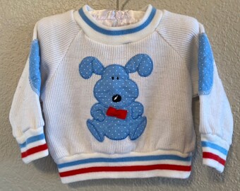 6-9m - Vintage - White sweater with blue puppy and elbow pads