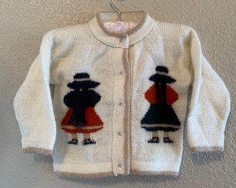 6-9m - Handmade - Cream sweater with two people with long hair