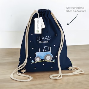 Premium Turnbeutel Traktor personalisiert, Kinder Stoffbeutel Rucksack zum Zuziehen, Schuhbeutel 12L, Sportbeutel Kindergarten, Baumwolle