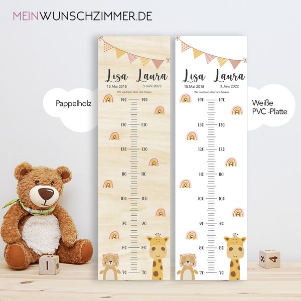 Geschwister Messlatte Giraffe-Löwe, Kinder 70-140cm, Zwillinge, Messlatte Kinder Holz, Taufgeschenk, Personalisiert, Kinderzimmer, Geburt